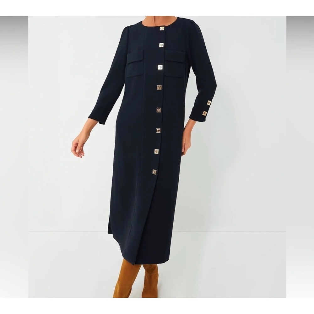 Tuckernuck Barnett Dress Womens Small Navy Blue Gold Turn-Lock Midi Sheath Work